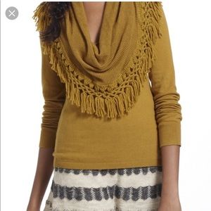 Anthropologie Mustard Fringe Cowl Sweater